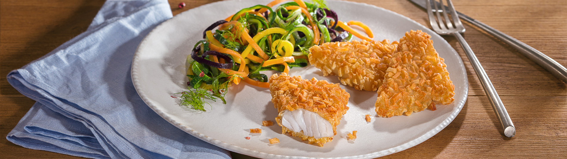 Fisch’n‘Rösti mit bunten Gemüsenudeln